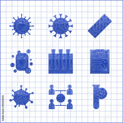 Set Blood test and virus, Virus spread, Test tube with, Clipboard blood results, Bar of soap, Pills in blister pack and icon. Vector