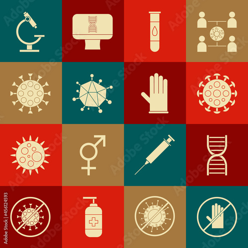 Set No handshake, DNA symbol, Virus, Blood test virus, Microscope and Medical rubber gloves icon. Vector