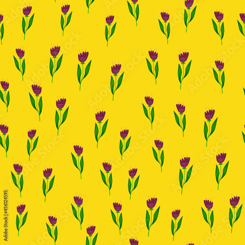 Doodle wildflower seamless pattern on yellow background.