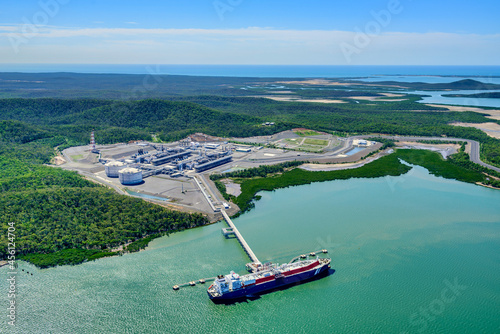 Aerial view of liquified natural gas plant and LNG ship on Curtis Island, Queensland