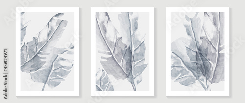 Tropical blue botanical wall art vector. Abstract art background with leaves and watercolor hand painting design for wall decor, poster and wallpaper.