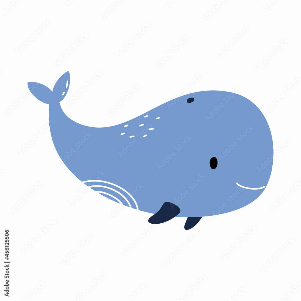 Cute blue whale indoodle style. Vector illustration for baby. Childish book. Element for printing on T-shirt.