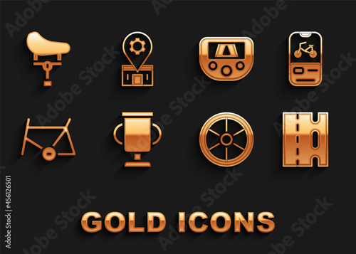 Set Award cup with bicycle, Bicycle rental mobile app, lane, wheel, frame, Gps device map, seat and repair service icon. Vector