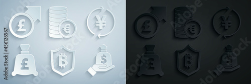 Set Shield with bitcoin, Coin money Yen, pound, Hand holding bag, euro symbol and Financial growth icon. Vector