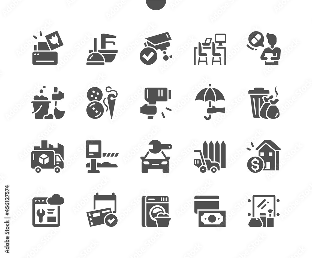 Services. Different service of people. Print, plumbing, security, coworking, medical, cleaning service and other. Business, technology, company. Vector Solid Icons. Simple Pictogram Services. Different service of people. Print, plumbing, security, coworking, medical, cleaning service and other. Business, technology, company. Vector Solid Icons. Simple Pictogram