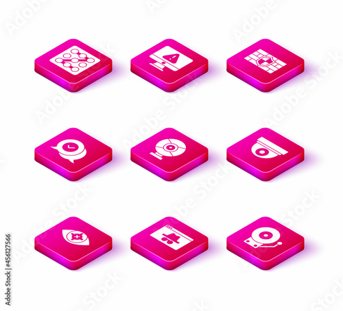 Set Eye scan, Browser incognito window, Check mark speech bubble, Security camera, Ringing alarm bell, Shield with brick wall and Monitor exclamation icon. Vector