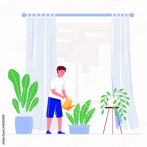 Boy watering potted houseplant. Young man takes care home garden. Childs hobby Vector illustration