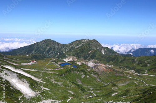 山頂から見た平原と快晴の空