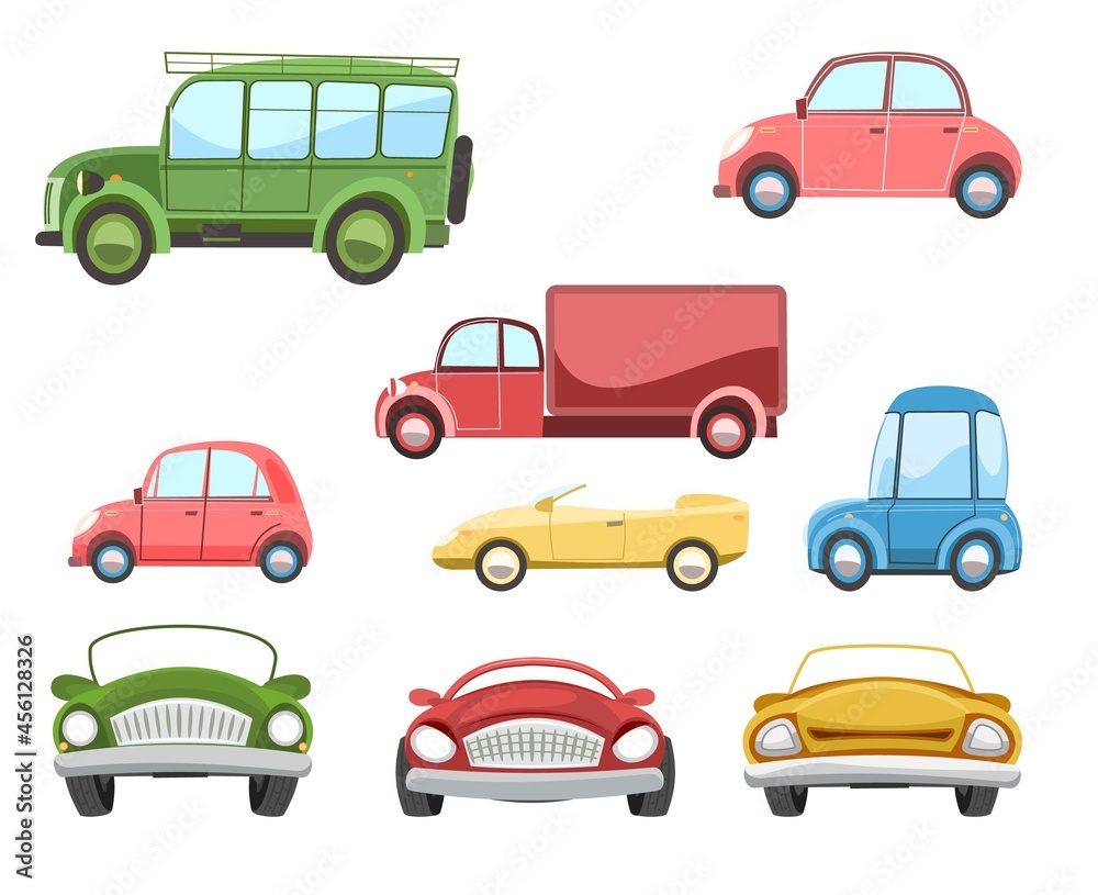 Set of cars. Cartoon comic in funny style. Side and front view. Beautiful retro auto, truck and bus. Flat stile. Childrens illustration. Isolated on white background. Vector