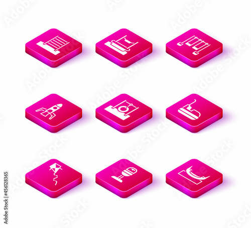 Set Kite, Trash can, Rocket ship, Car tire hanging on rope, Boat swing, Bumper car, Double and Bungee icon. Vector