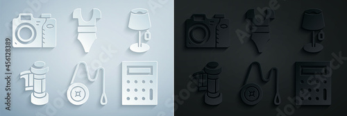 Set Yoyo toy, Floor lamp, Camera roll cartridge, Calculator, Swimsuit and Photo camera icon. Vector