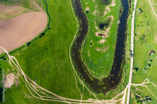 Aerial view of the elongated Ogublyanka lake bend, Kaluzhskiy region, Russia photo