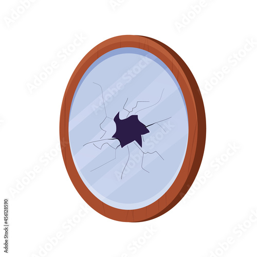 Wooden frame with broken mirror in cartoon style isolated on white background. Bad luck, accident, cracked looking glass.