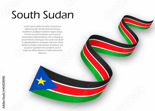 Waving ribbon or banner with flag of South Sudan. Template for independence day design