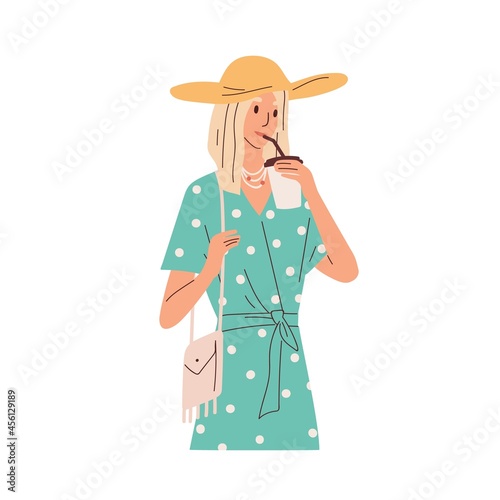 Woman drinking coffee-to-go from paper cup. Person with takeaway tea mug in h...