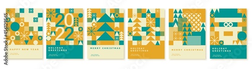 Happy 2022 New Year abstract geometric card design. Merry Christmas invitation, poster, greeting card.