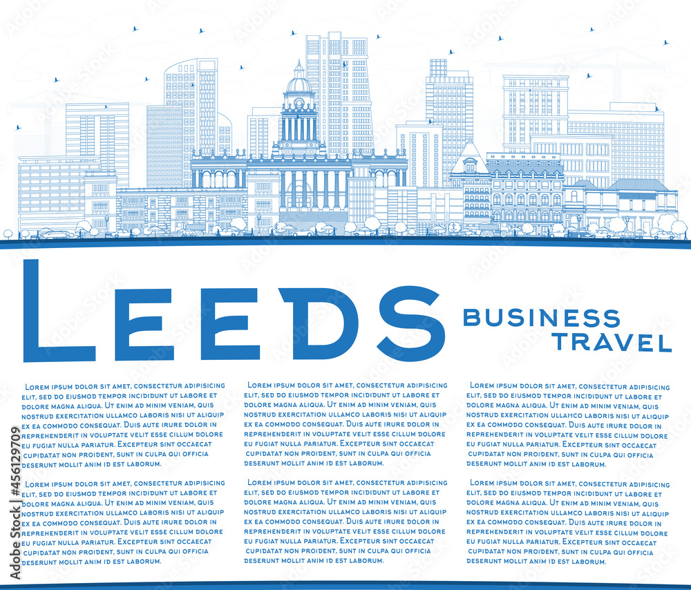 Outline Leeds UK City Skyline with Blue Buildings and Copy Space.