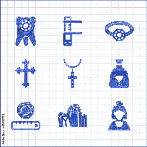 Set Christian cross on chain, Gem stone, Consultant of jewelry store, Bag with gems, Diamond engagement ring and Tooth diamond icon. Vector