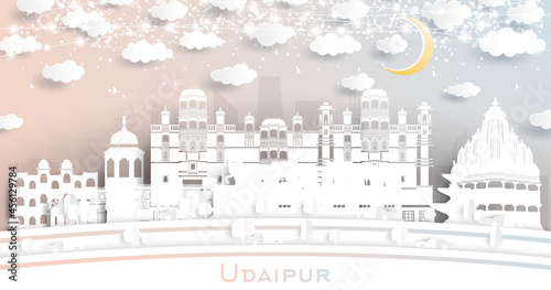 Udaipur India City Skyline in Paper Cut Style with White Buildings, Moon and Neon Garland.