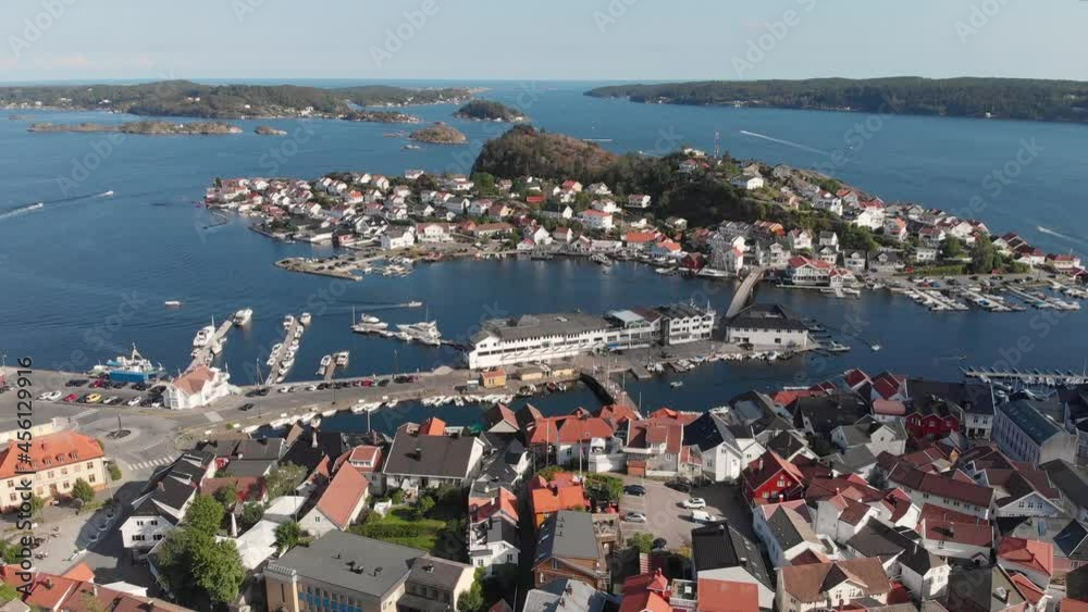 Cinematic reveal of popular Kragero coastal town in Scandinavia; drone view Cinematic reveal of popular Kragero coastal town in Scandinavia; drone view