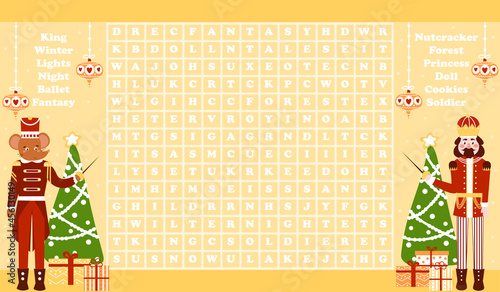 Christmas word search game for kids with nutcracker character and mouse king with xmas eve on yellow background, riddle for learning English vocabulary, printable worksheet