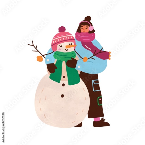 Cute happy girl hugging Xmas snowman. Funny portrait of smiling teenager child with Christmas snow man in winter scarf and hat. Colored flat vector illustration isolated on white background