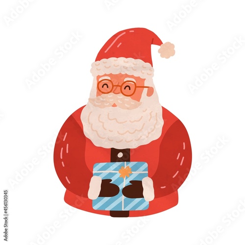 Cute Santa Claus hold Christmas gift. Happy Xmas character with wrapped prese...