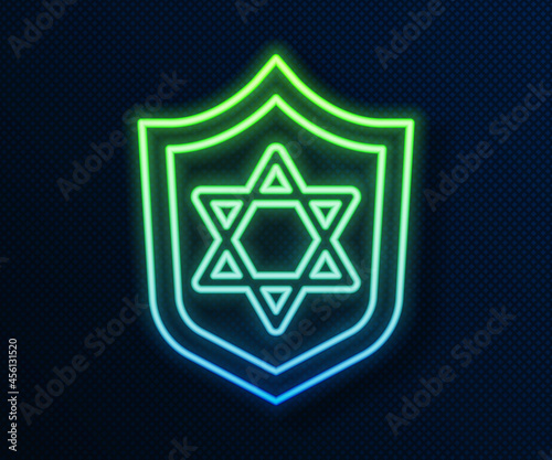 Glowing neon line Shield with Star of David icon isolated on blue background. Jewish religion symbol. Symbol of Israel. Vector