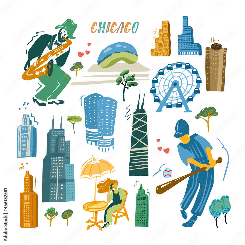Fototapeta premium Chicago icons set. Traditional symbols, people and buildings full color vector illustration.