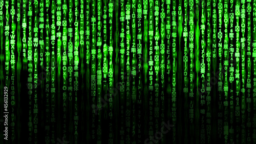 Matrix Code Background with the Green Digital Symbols.