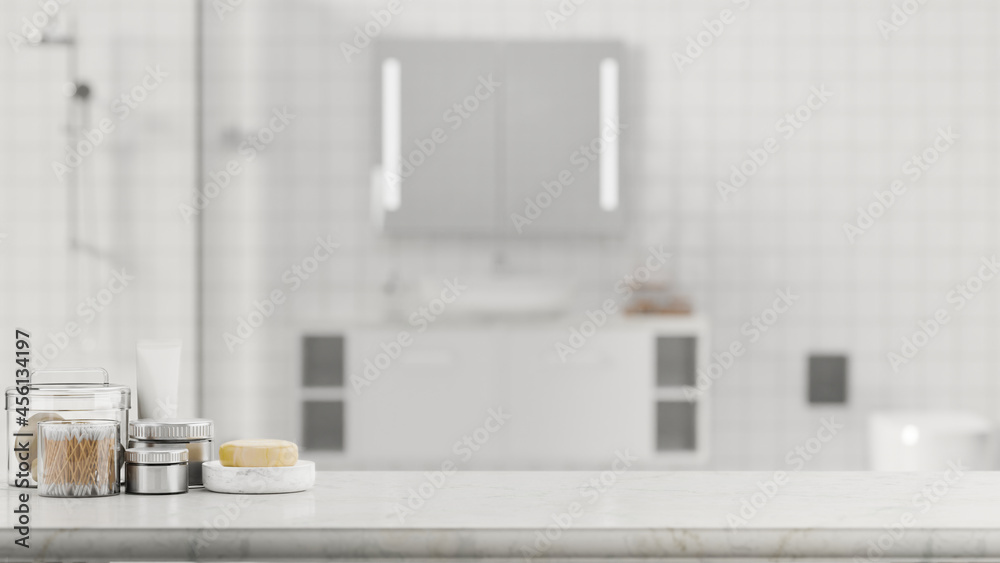 Hotel bathroom concept, Marble tabletop and mockup space with bathing amenities over bathroom, 3d rendering