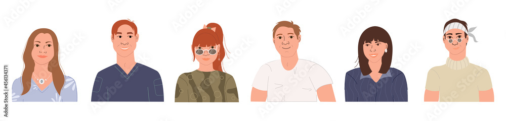 Adorable and happy guys and girls set. Portraits of male and female smiling cartoon characters. Man and woman faces collection. Flat vector illustration isolated on white background Adorable and happy guys and girls set. Portraits of male and female smiling cartoon characters. Man and woman faces collection. Flat vector illustration isolated on white background