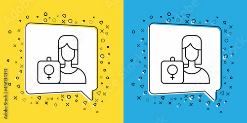 Set line Female movement, feminist activist with banner and placards icon isolated on yellow and blue background. Feminist rights movement, feminism sisterhood. Vector