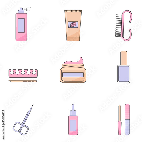 Various manicure accessories, equipment, tools. Nail file, nail scissors, tweezers, nail polish, hand cream, polish remover for nails Shellac accessories