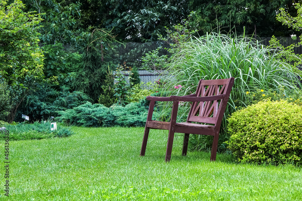 Beautiful landscape design of the house territory. A bench on a green lawn with flowering ornamental plants Beautiful landscape design of the house territory. A bench on a green lawn with flowering ornamental plants