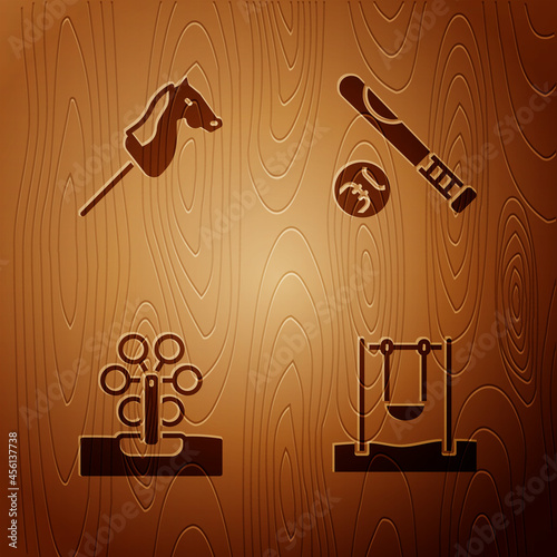 Set Swing, Toy horse, Ferris wheel and Baseball bat with ball on wooden background. Vector