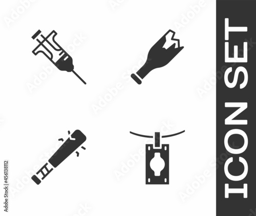 Set Money laundering, Syringe, Baseball bat with nails and Broken bottle weapon icon. Vector