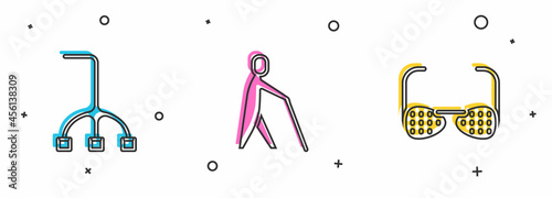 Set Walking stick cane, Blind human holding and glasses icon. Vector