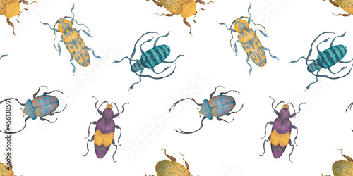 Watercolor insect seamless pattern with cartoon style illustration of bright exotic beetles, bugs isolated on white background. © rom-anni