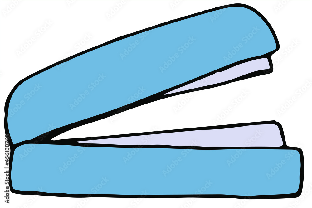 blue stapler with staples for paper, color vector illustration in doodle style with black outline