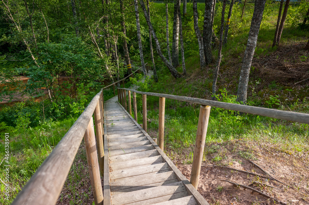 Wooden path winding through forest. Stairs leading to the river bank. Wooden path winding through forest. Stairs leading to the river bank.