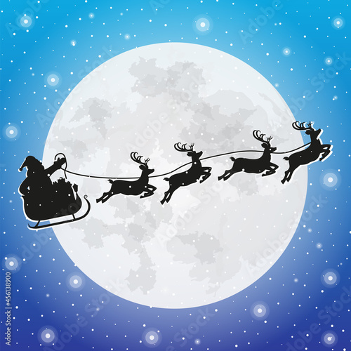Santa Claus on Sleigh Full of Gifts and His Reindeers with Moon in Sky Silhouette. Happy New Year Decoration. Merry Christmas Holiday. New Year and Xmas Celebration. Vector Illustration