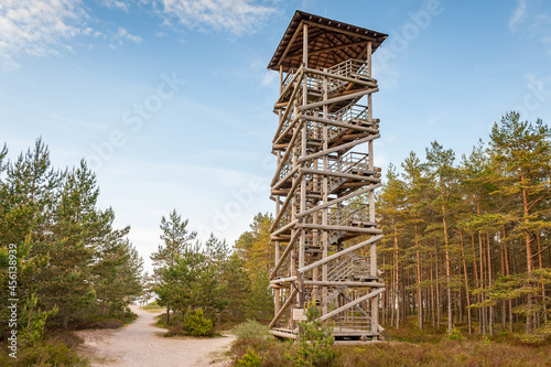 A viewing tower at the Cape Kolka. Latvia. Wooden watchtower with pine trees. photo