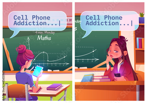 Cell phone addiction cartoon posters, boring school girl, student and young teacher sitting at desk chatting by smartphone instead of studying or teaching lesson in classroom, Vector illustration