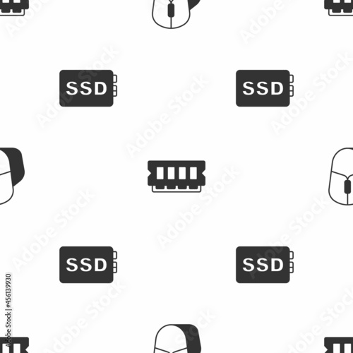 Set Computer mouse, RAM, random access memory and SSD card on seamless pattern. Vector