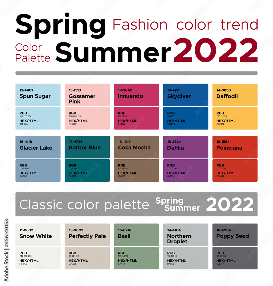 Vecteur Stock Fashion color trends Spring Summer 2022. Palette fashion  colors guide with named color swatches, RGB, HEX colors. | Adobe Stock