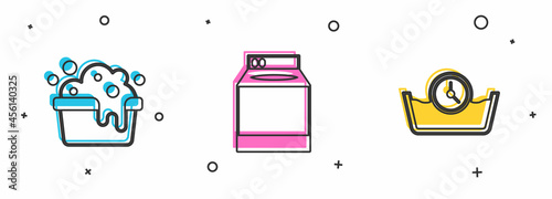 Set Basin with soap suds, Washer and Time wash icon. Vector