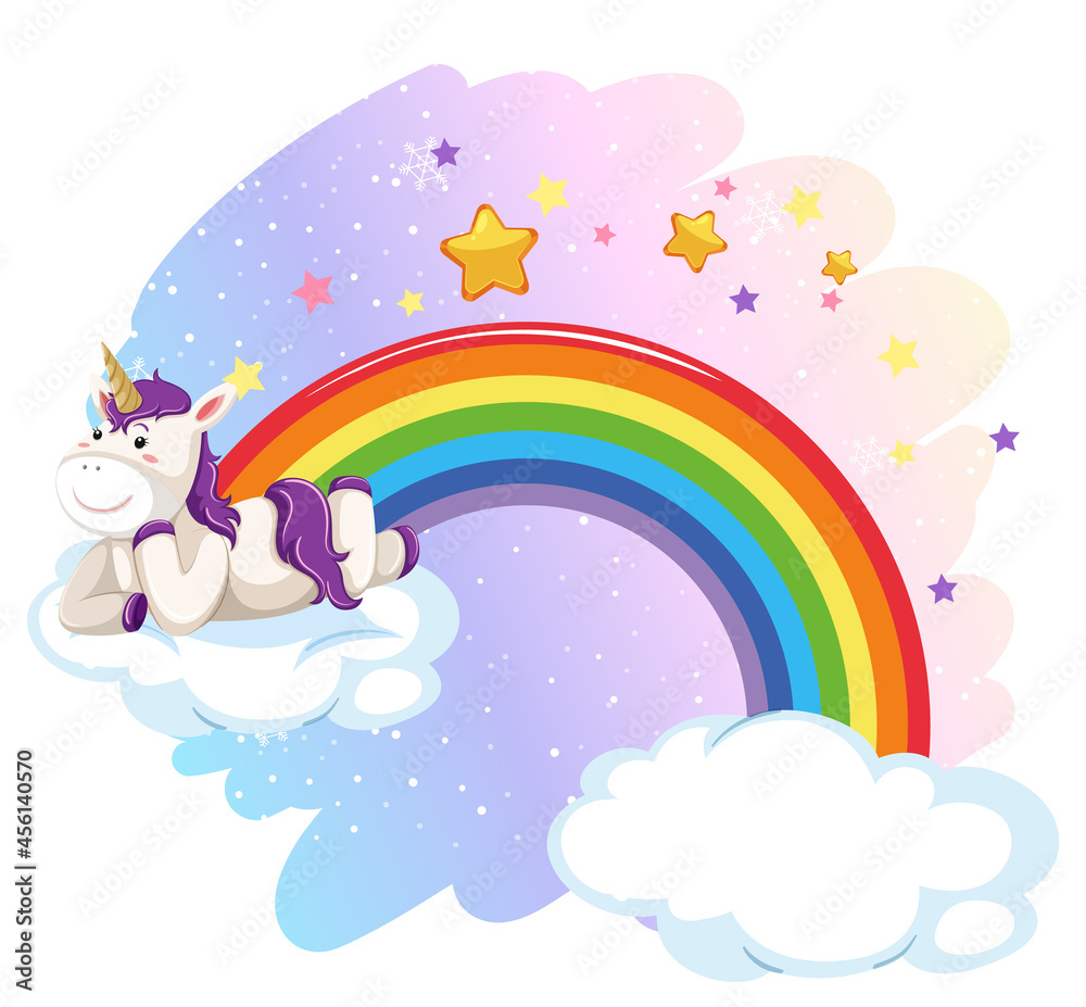 Cute unicorn laying on cloud in the pastel sky with rainbow Cute unicorn laying on cloud in the pastel sky with rainbow