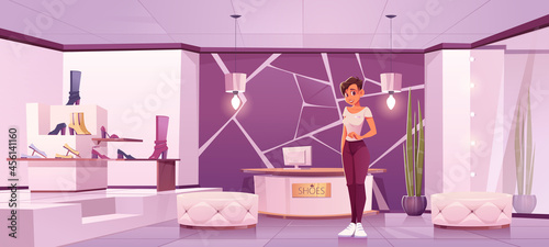 Shoes store with girl seller and women footwear on shelves. Vector cartoon illustration of boutique interior, luxury shop with shoes on rack, poufs, mirror and cashier counter