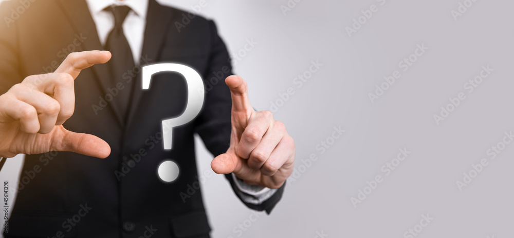 Businessman man hand hold interface question marks sign web. Ask quiestion online, FAQ concept, what where when how and why, search information on internet